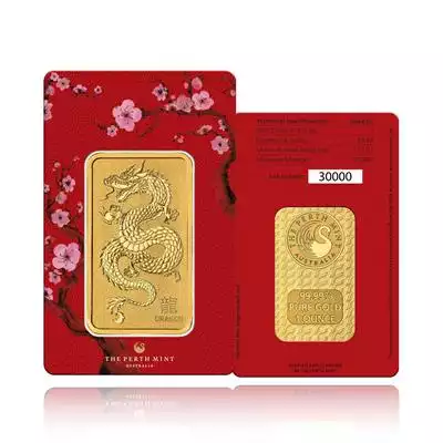 1oz Minted Dragon Gold Bar Perth Mint